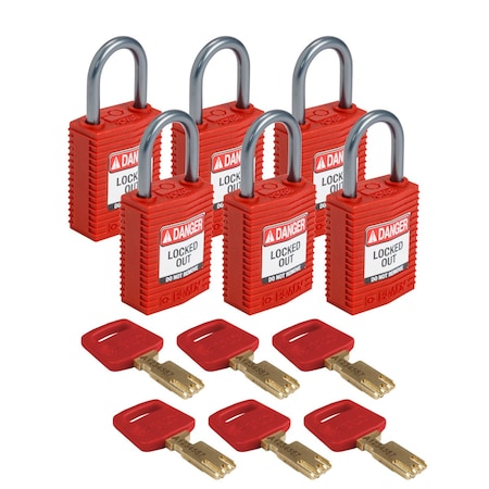Brady Padlock, Keyed Different, Nylon, Red, 6 PK CPT-RED-25AL-KD6PK